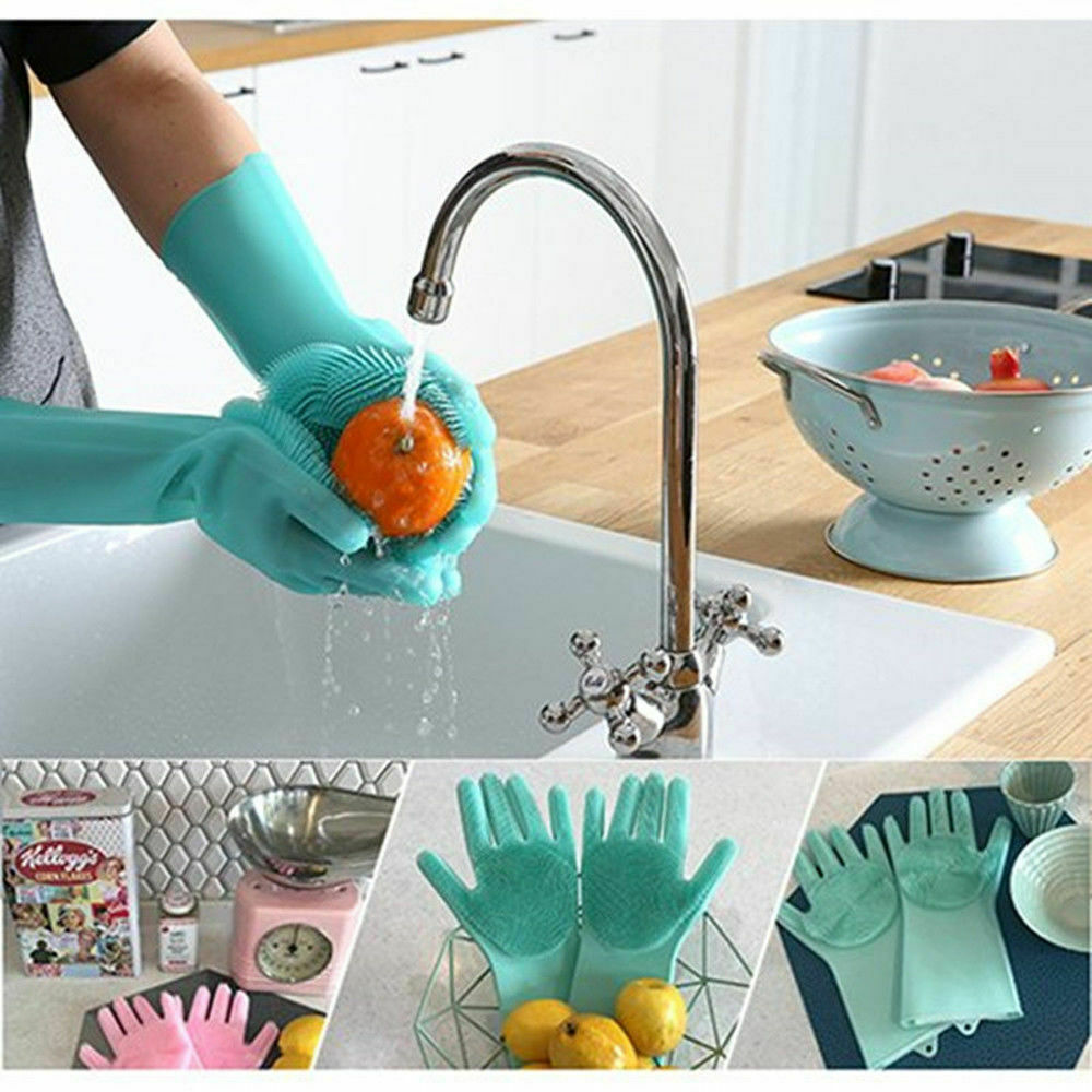 US 1-2 Pairs Silicone Cleaning Brush Scrubber Gloves Heat Resistant Dish Washing