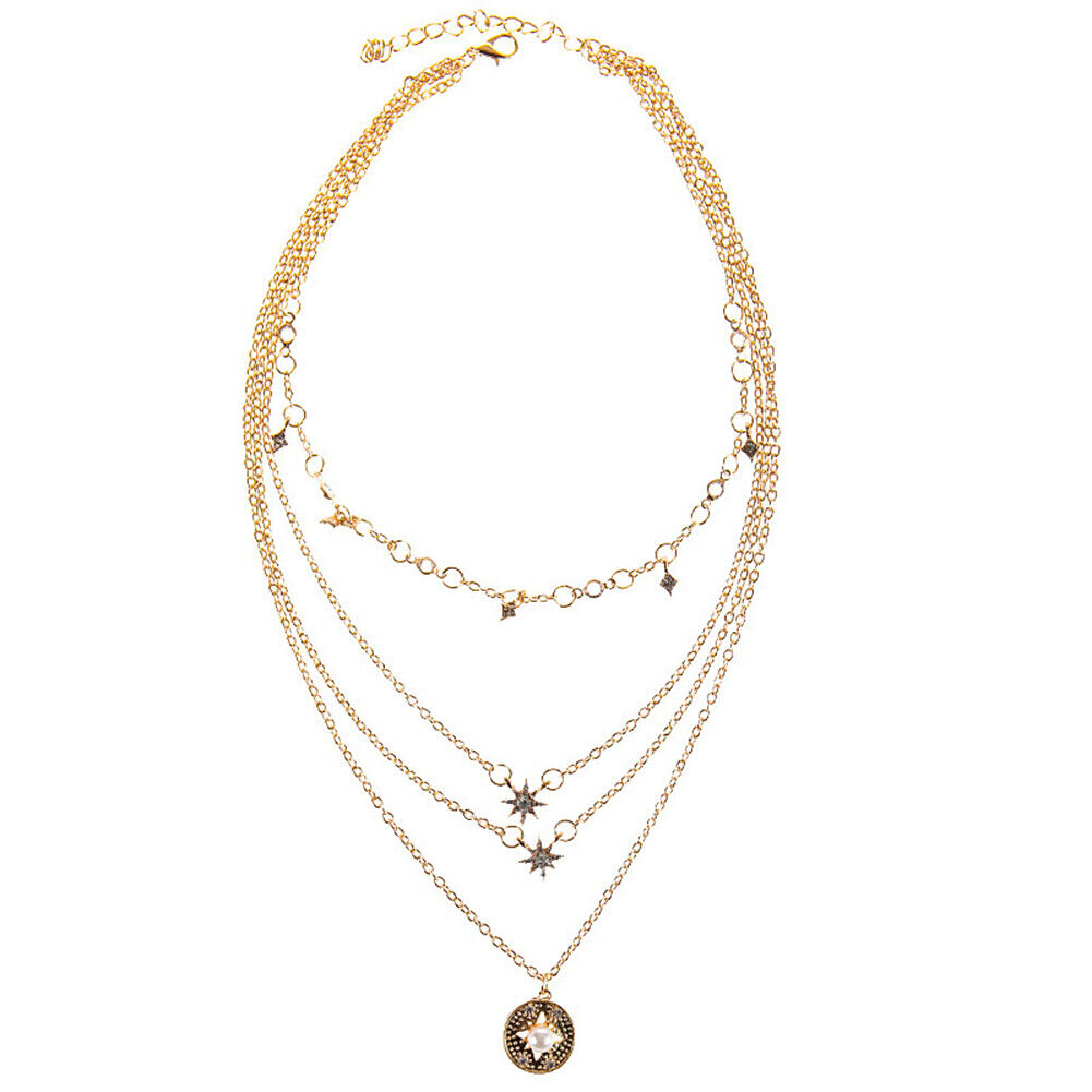 US Boho Women Multi-layer Long Chain Pendant Crystal Choker Necklace Jewelry