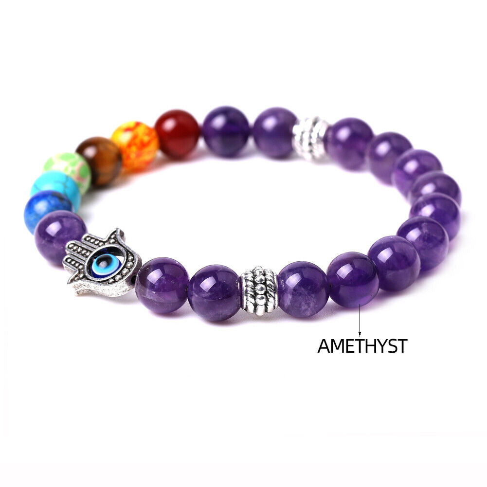 US 1-2Pcs Hamsa Hand Fatima 7-Chakra Lava Agate Beads Bracelet Reiki Energy Yoga