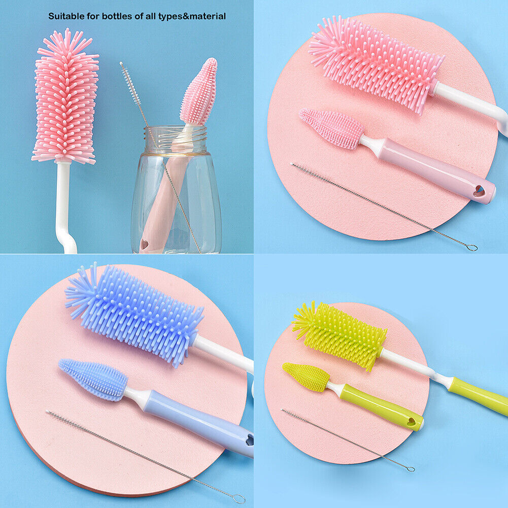 US 3PCS Set Silicone Feeding Baby Bottle Nipple Straw Cleaning Brush 360 Degree