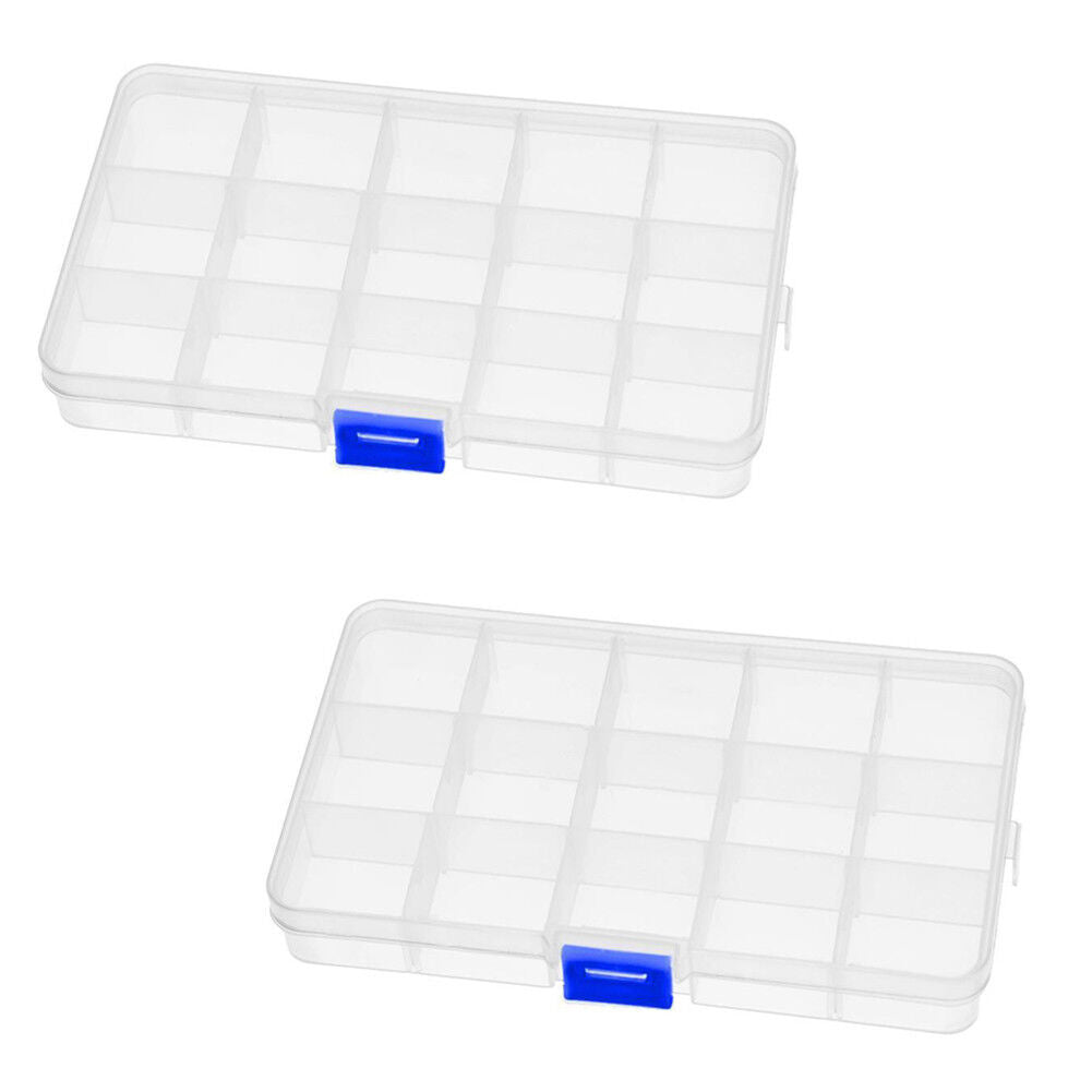 2 Pack Plastic Storage Box Jewelry Earring Tool Containers w/Divider, 10-15 Grid