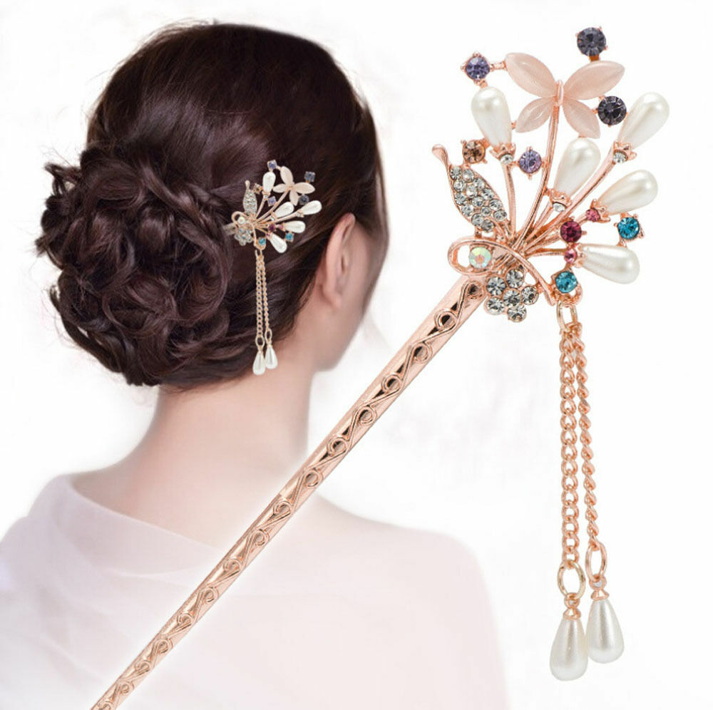 US Vintage Chinese Style Rhinestone Hair Chopsticks Stick Hairpin Chignon Pin