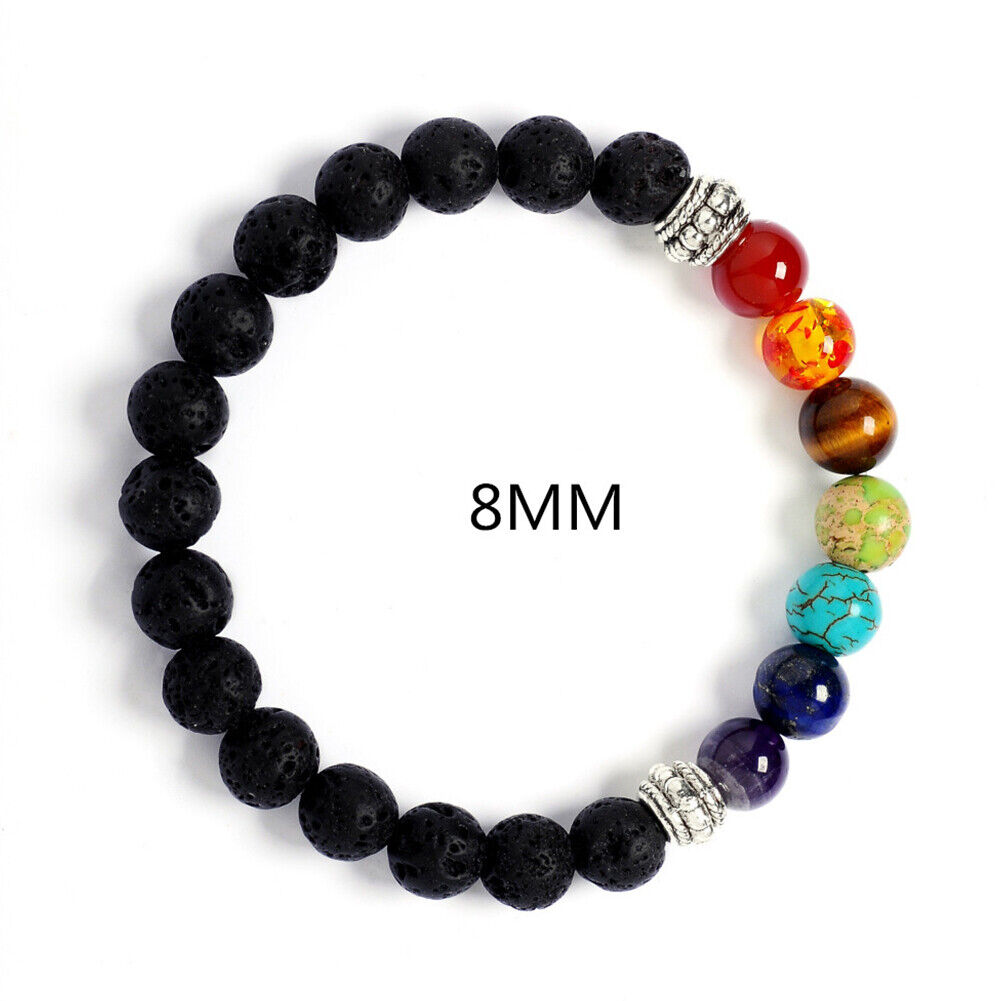 US 7-Chakra Healing Buddha Lion Drum Beads Lava Stone Reiki Meditation Bracelet