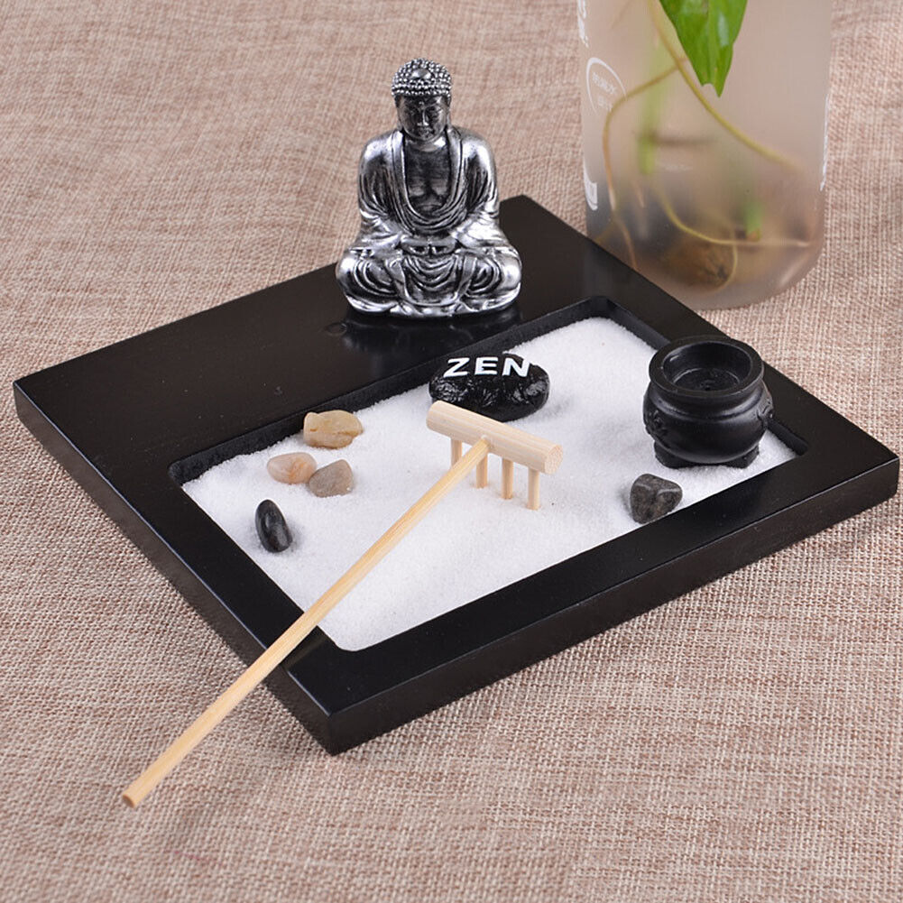 US Tabletop Mini Meditation Zen Garden w/ Pavilion statue Rock Venues Rake Sand