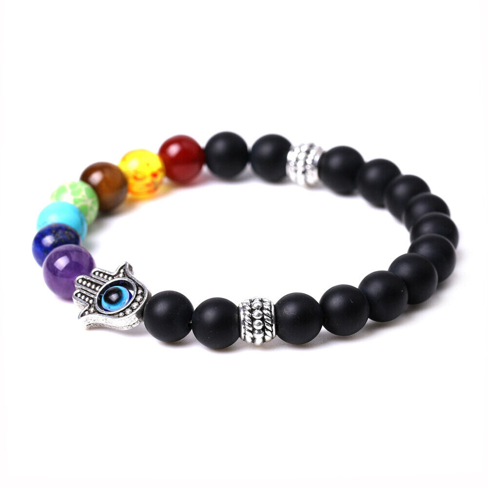 US 1-2Pcs Hamsa Hand Fatima 7-Chakra Lava Agate Beads Bracelet Reiki Energy Yoga