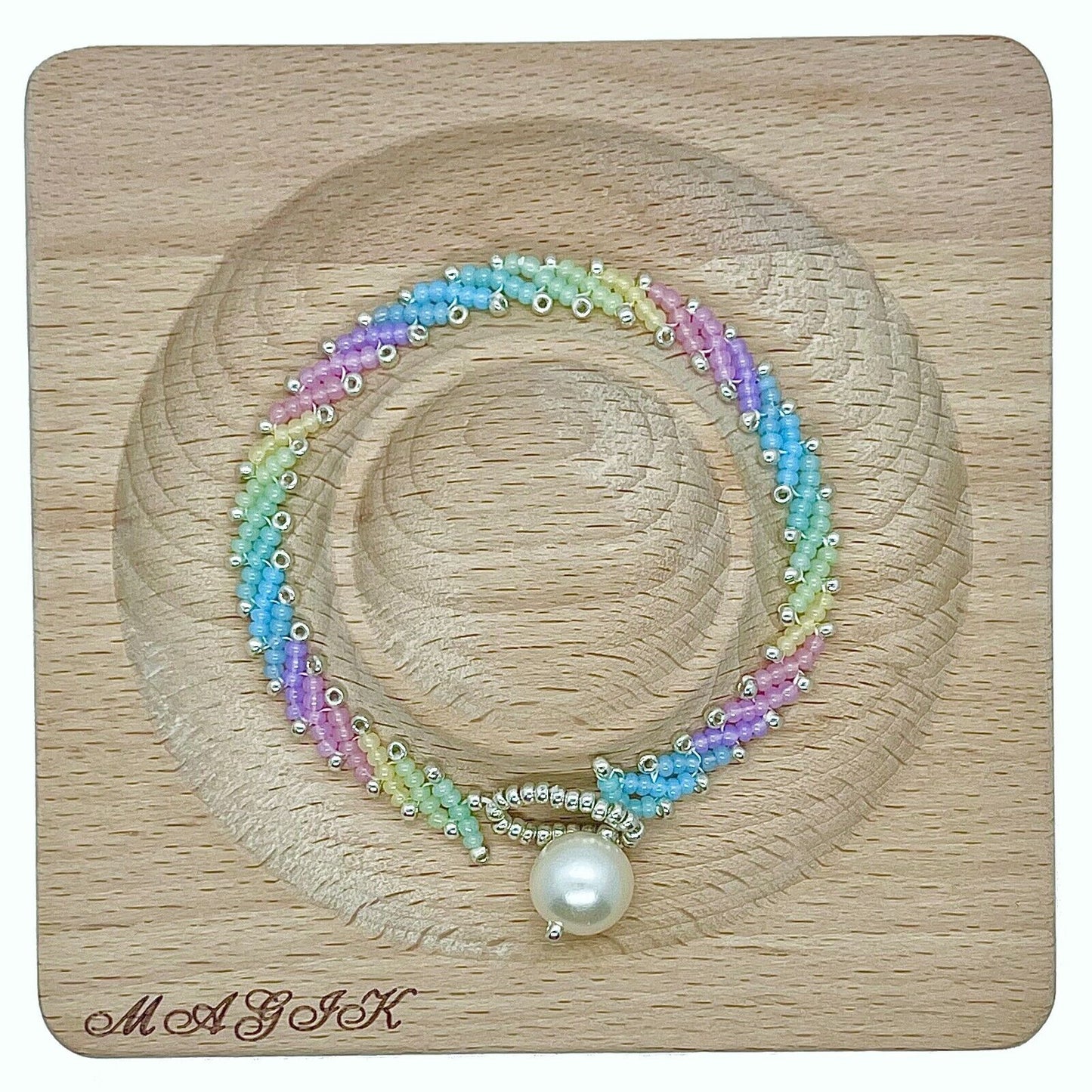 US Handmade Rainbow Colorful Glass Seed Beads Bracelet Imitation Pearl Closure