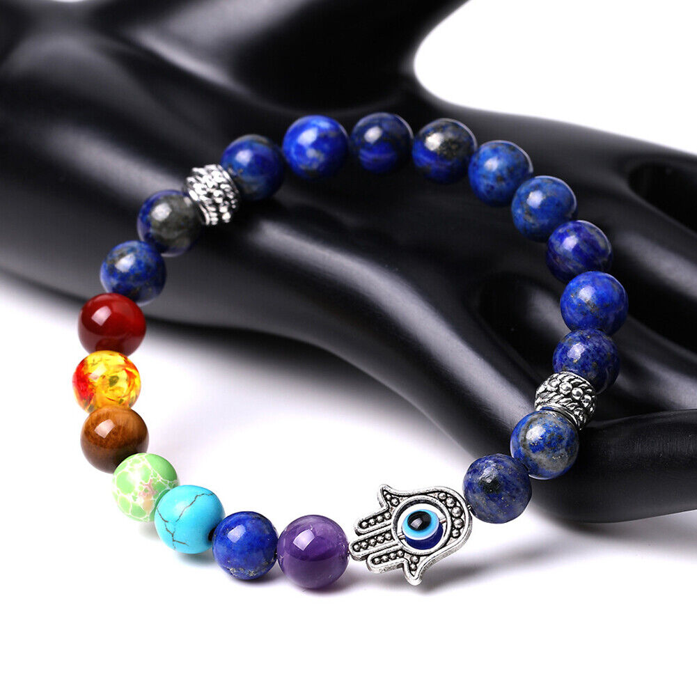 US 1-2Pcs Hamsa Hand Fatima 7-Chakra Lava Agate Beads Bracelet Reiki Energy Yoga