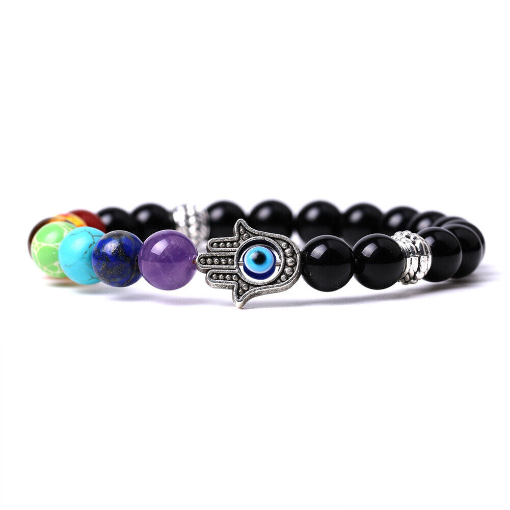 US 1-2Pcs Hamsa Hand Fatima 7-Chakra Lava Agate Beads Bracelet Reiki Energy Yoga