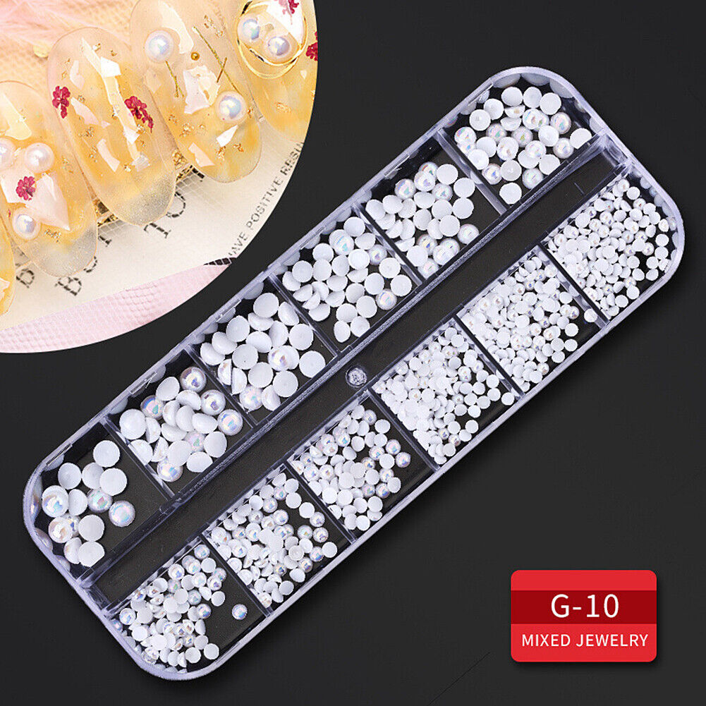 US 12 Grids Nail Glitter Flakes Sequins Rhinestones Pearl Nail Art Decorations