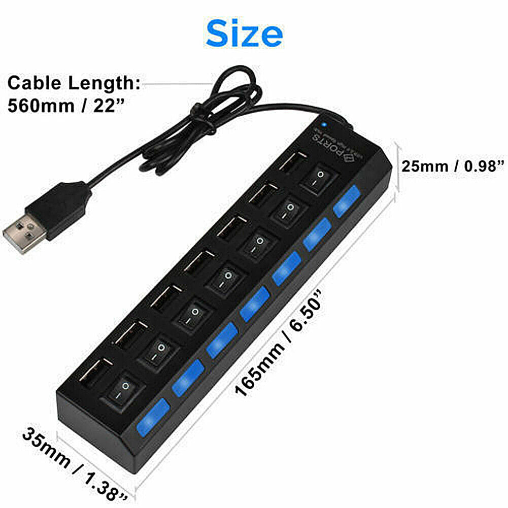 US 7 Port USB 2.0 Multi Charger Hub High Speed Adapter ON/OFF Switch Laptop/PC