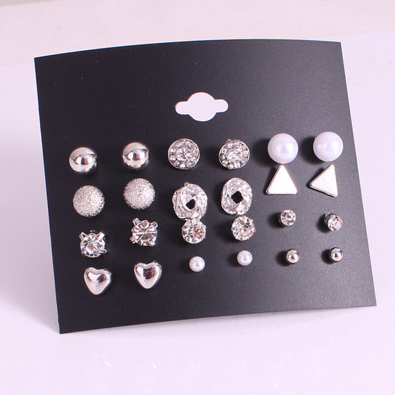 US Lot 4~12 Pairs Rhinestone Crystal Pearl Earrings Set Women Ear Stud Jewelry