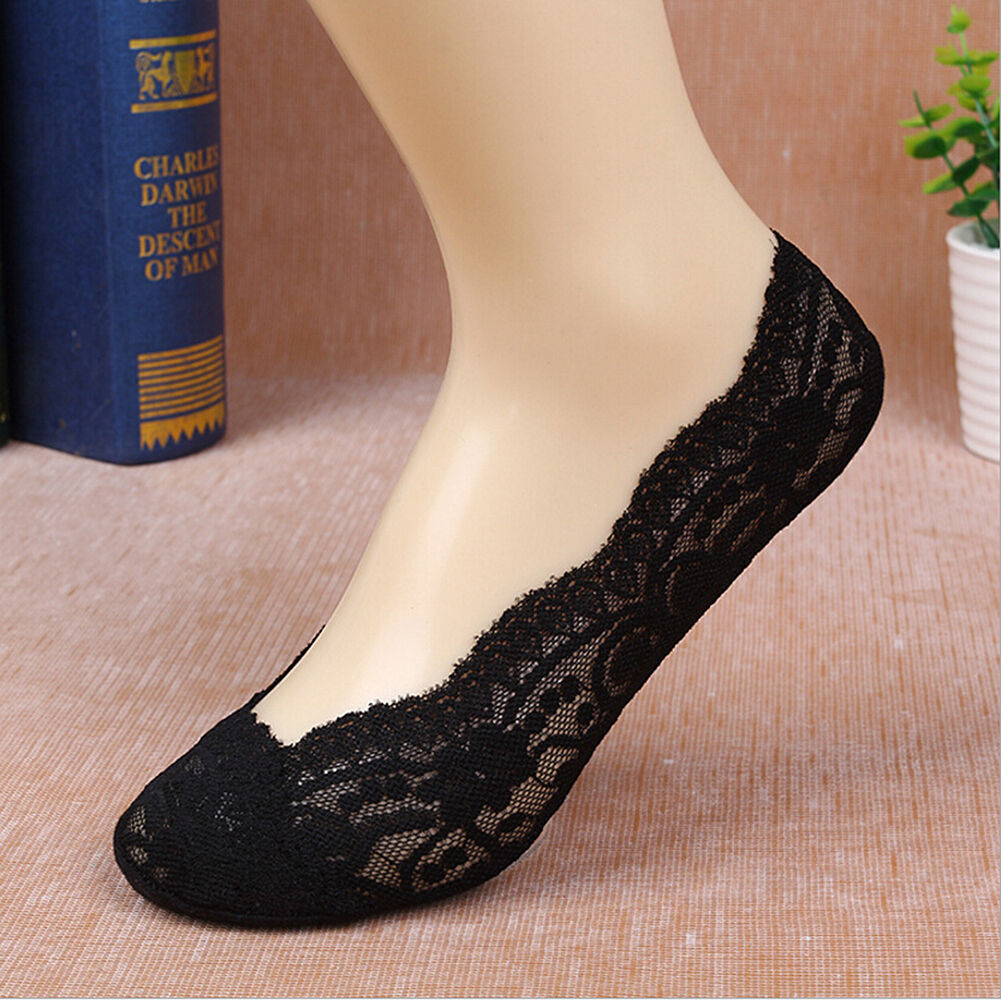 5 Pack Low Cut Lace Liner Boat Socks Ballet Plain Footies w/ Anti-slippery pads