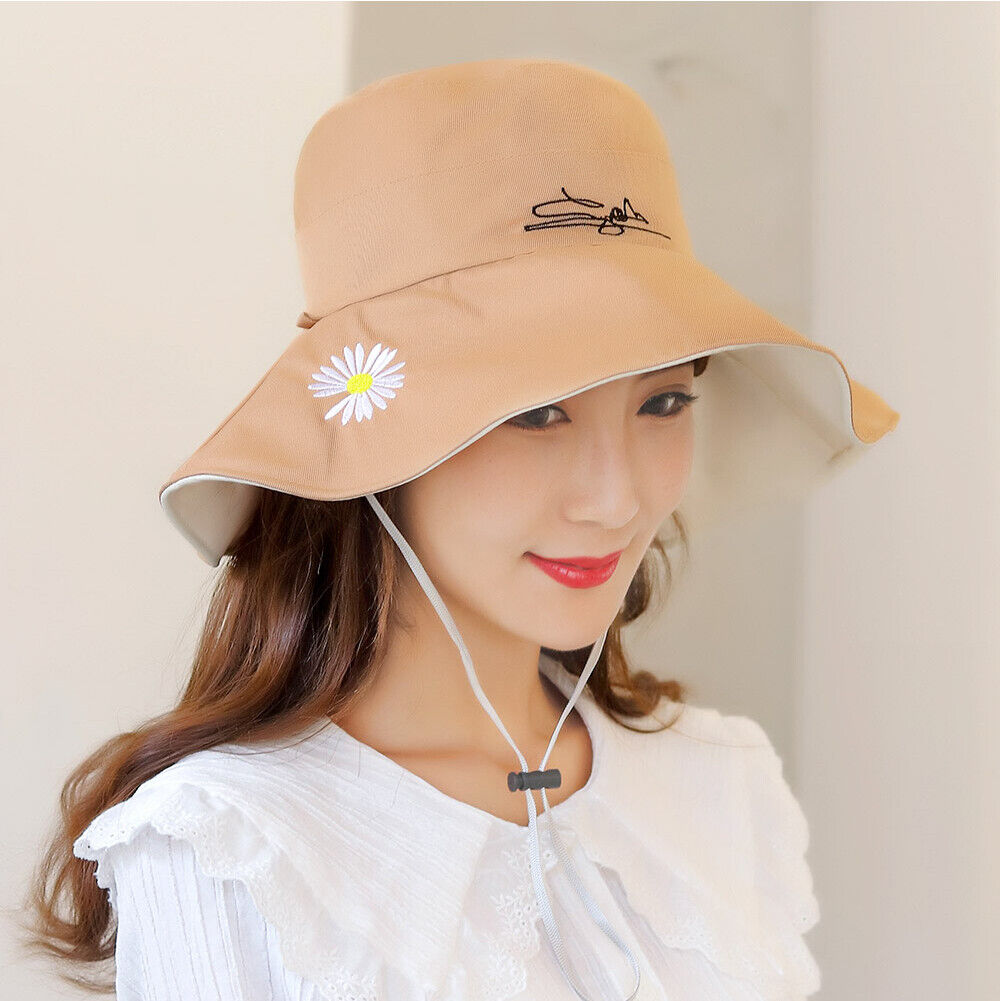 US Daisy Double-Sided UV Protection Wide Brim Bucket Hat Sun Beach Fisherman Cap