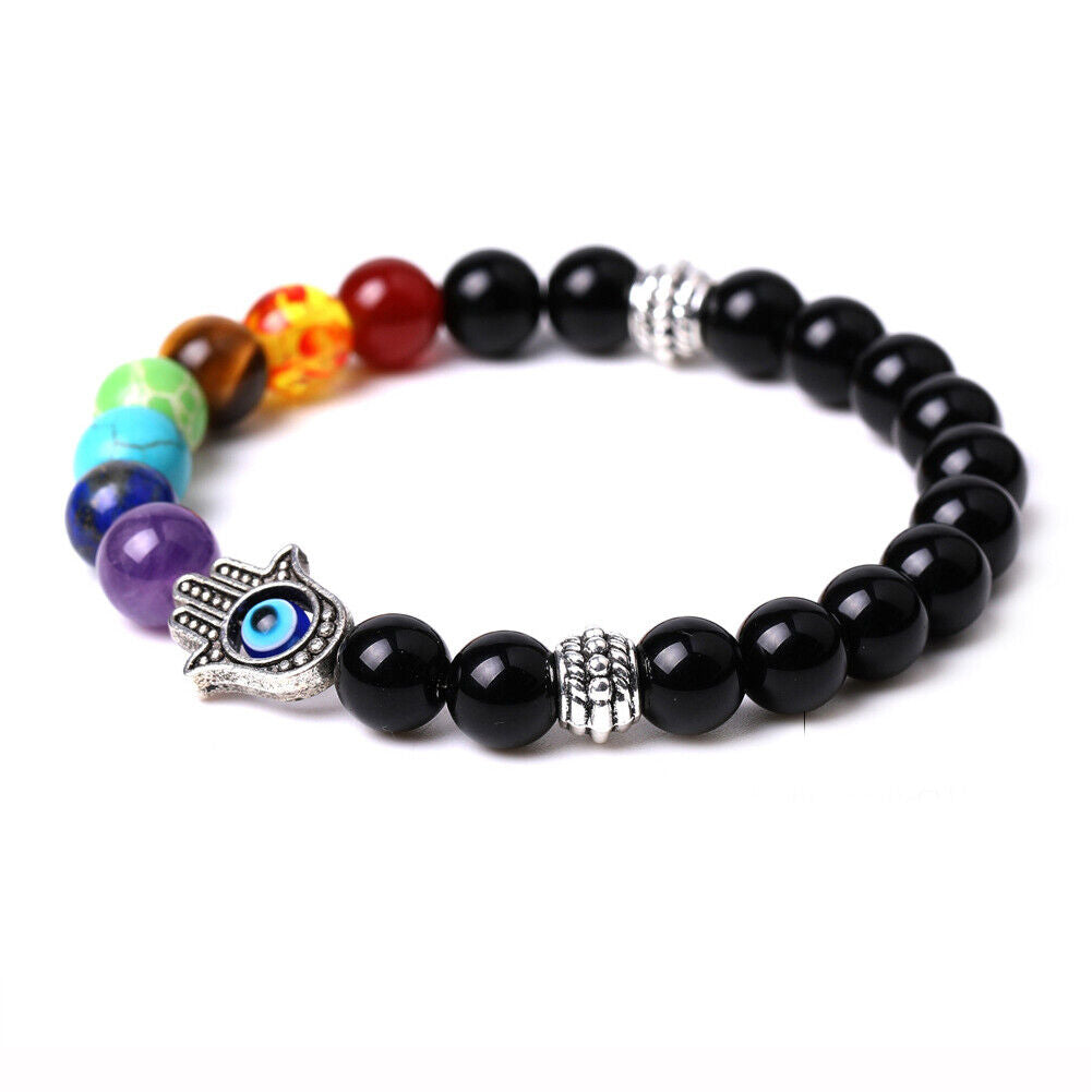 US 1-2Pcs Hamsa Hand Fatima 7-Chakra Lava Agate Beads Bracelet Reiki Energy Yoga