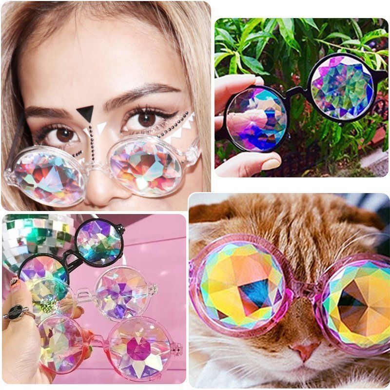 Festival Party Rave Kaleidoscope Rainbow Round Glasses Diffraction Crystal Lens