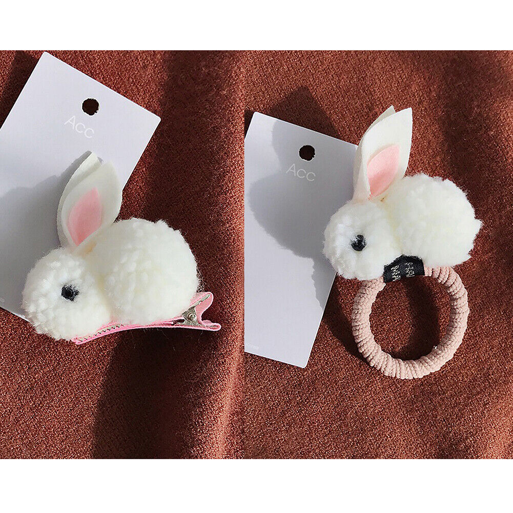 US Pompom Ball Rabbit Hair Rope Tie Ponytail Holder + Hair Clip Girl Gift Set