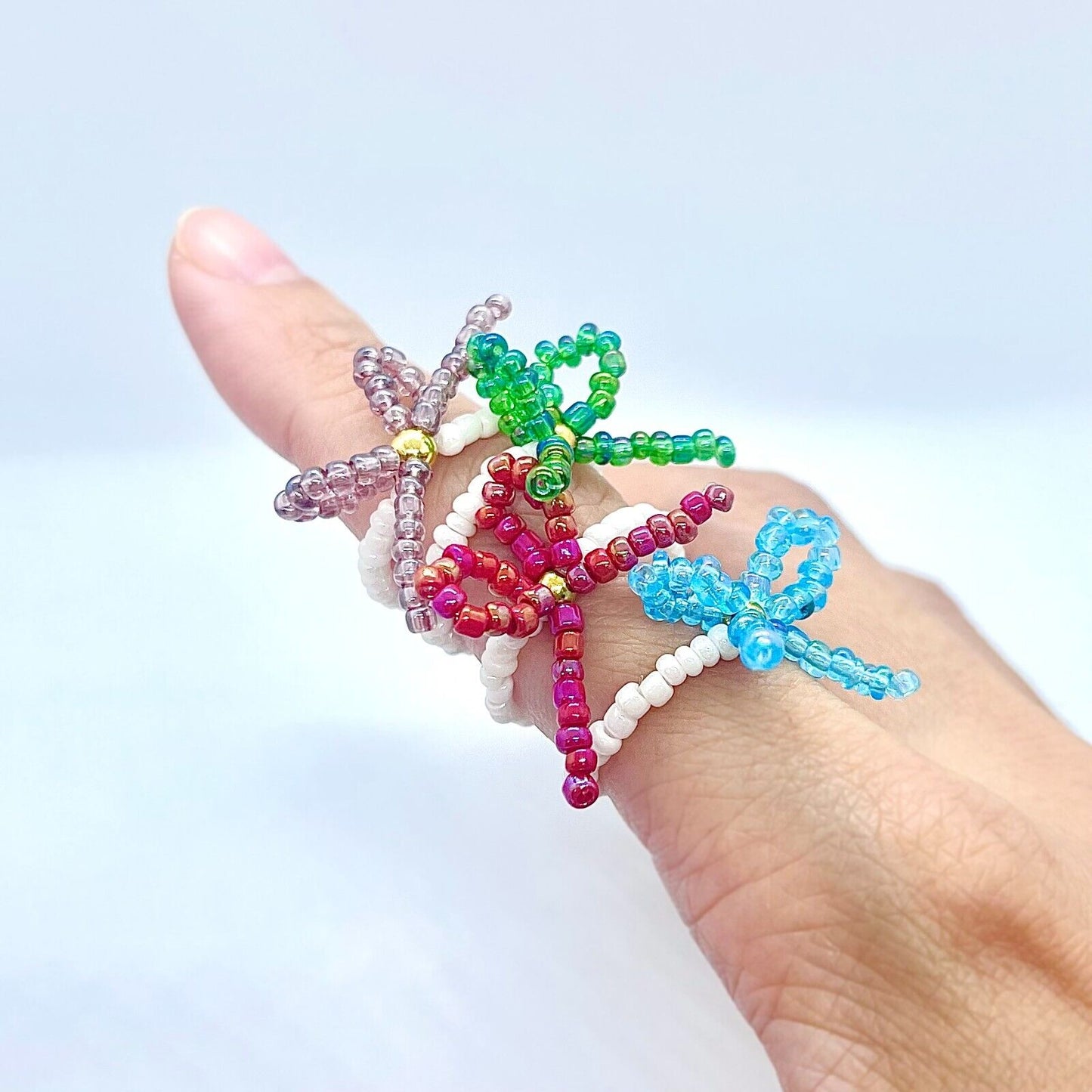 US Handmade Custom Ribbon Knot Seed Bead Ring Glass Bead Luster Stackable Gifts