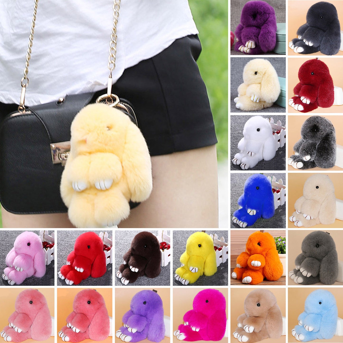 Bunny Rabbit Doll Heart Pom Phone Car Pendant Handbag Key Chain Ring Fine