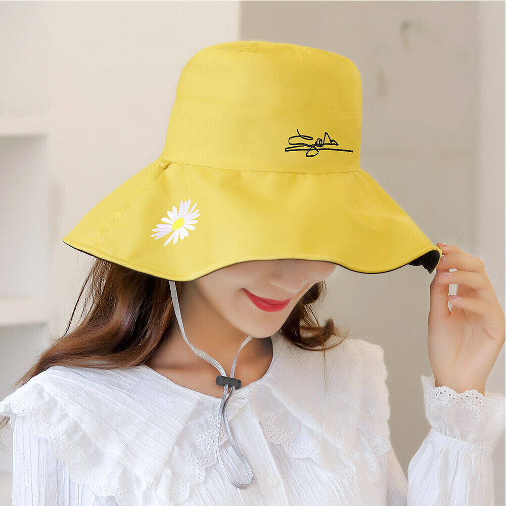 US Daisy Double-Sided UV Protection Wide Brim Bucket Hat Sun Beach Fisherman Cap