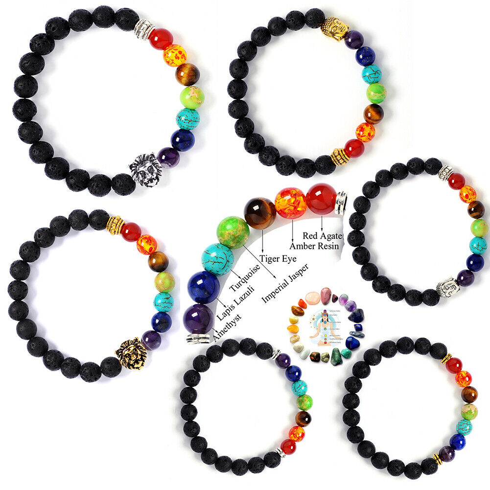 US 7-Chakra Healing Buddha Lion Drum Beads Lava Stone Reiki Meditation Bracelet