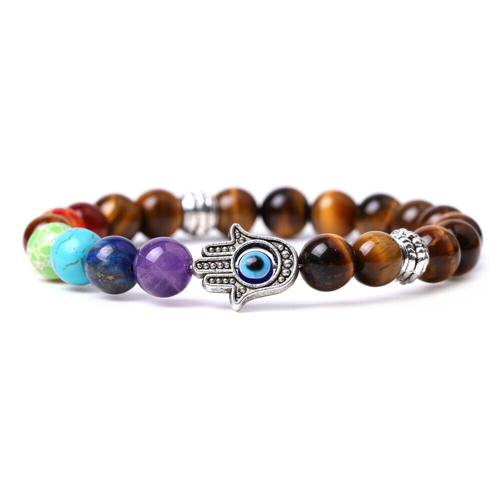 US 1-2Pcs Hamsa Hand Fatima 7-Chakra Lava Agate Beads Bracelet Reiki Energy Yoga