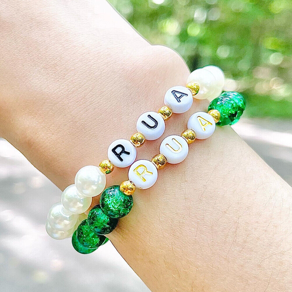 US Custom Name Bracelet Faux Pearl Jade Crystal Beaded Stackable Mama Bracelet