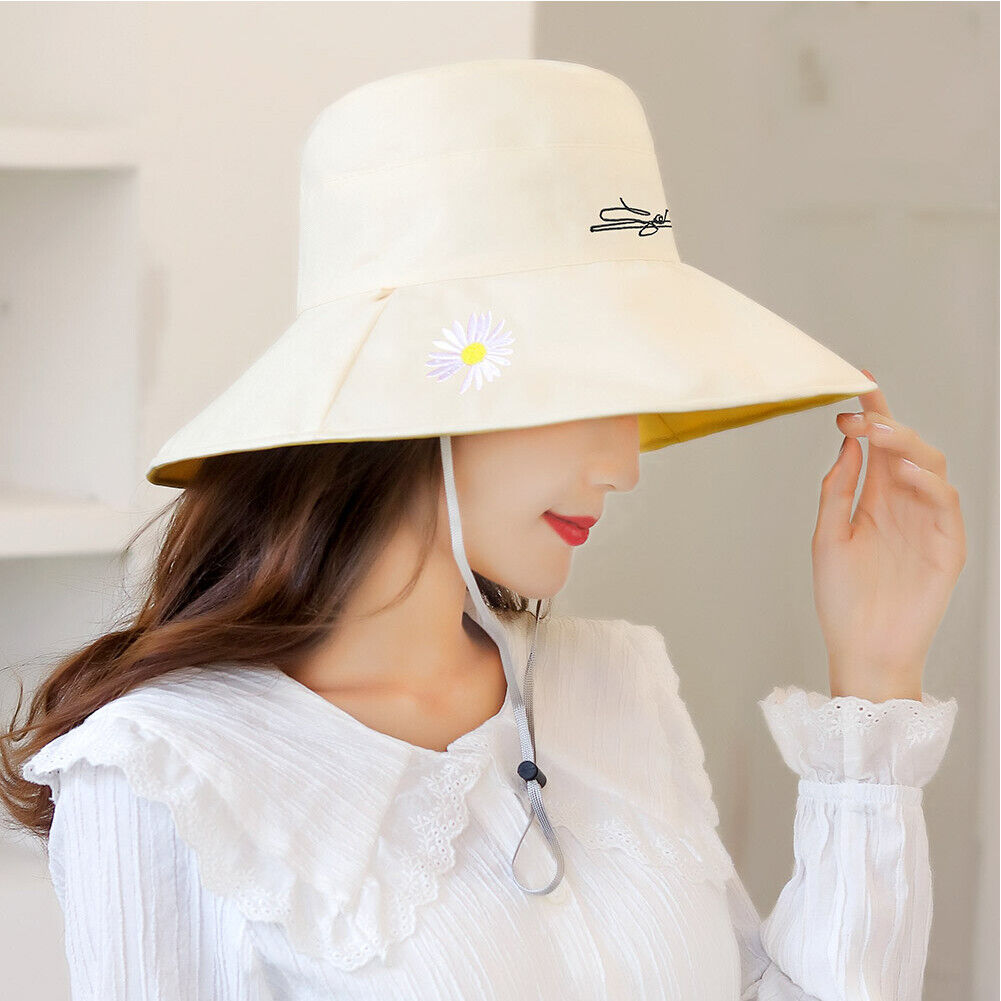 US Daisy Double-Sided UV Protection Wide Brim Bucket Hat Sun Beach Fisherman Cap