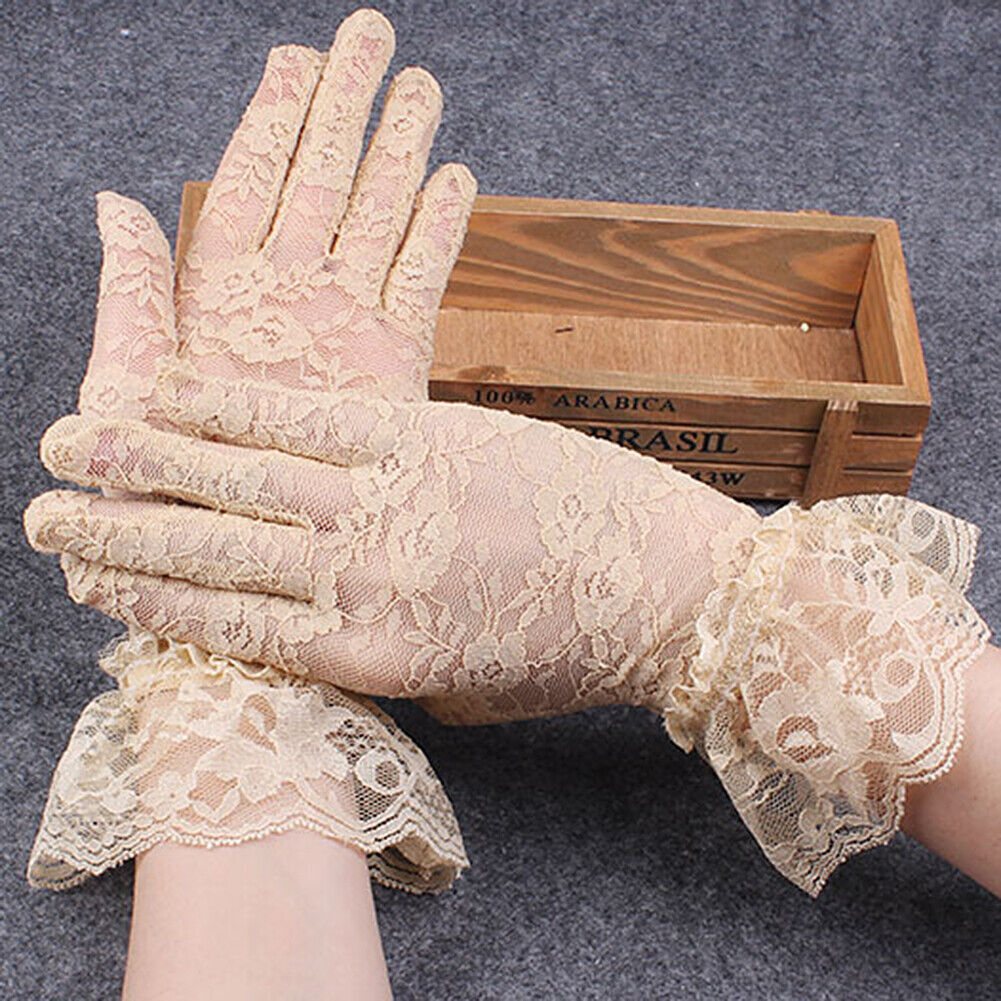 US 1-2 Pairs Sexy Lace Wrist Length Gloves w/ Ruffle Bride Wedding Prom Anti UV