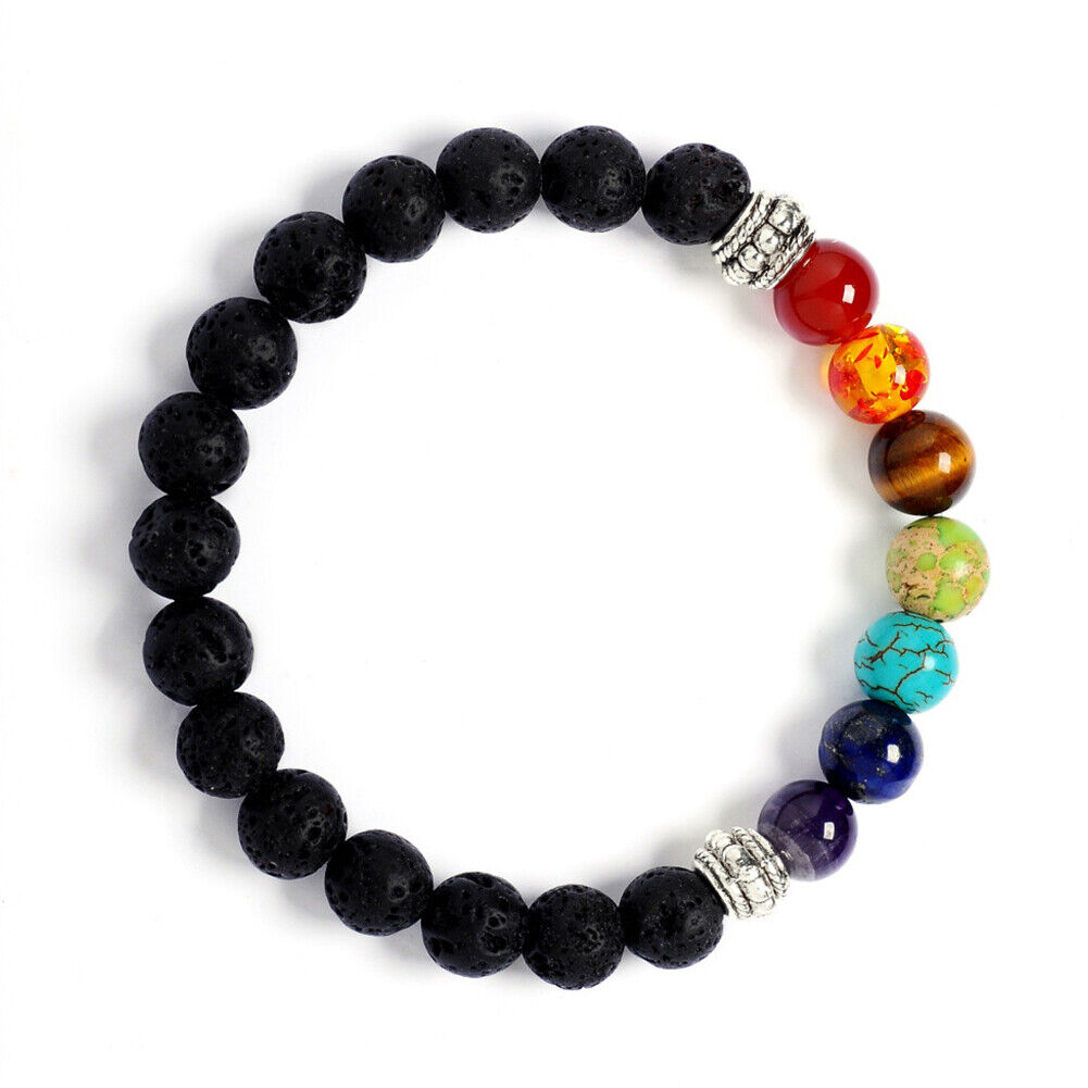 US 7-Chakra Healing Buddha Lion Drum Beads Lava Stone Reiki Meditation Bracelet