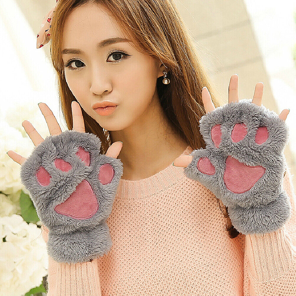 US Cat Claw Bear Paw Gloves Women Warm Plush Faux Fur Cosplay Fingerless Mittens