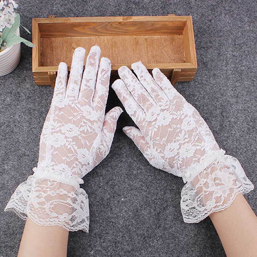 US 1-2 Pairs Sexy Lace Wrist Length Gloves w/ Ruffle Bride Wedding Prom Anti UV