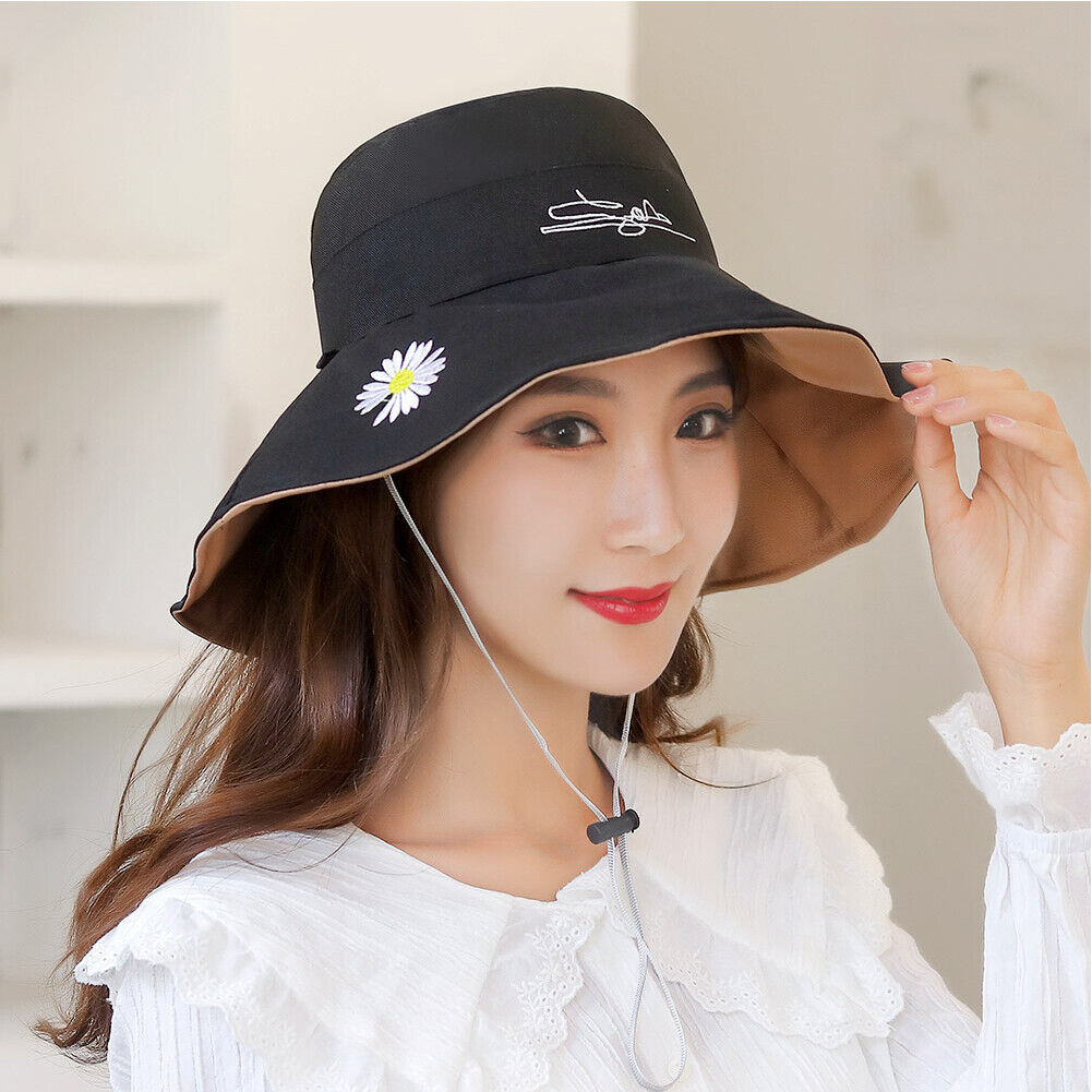 US Daisy Double-Sided UV Protection Wide Brim Bucket Hat Sun Beach Fisherman Cap