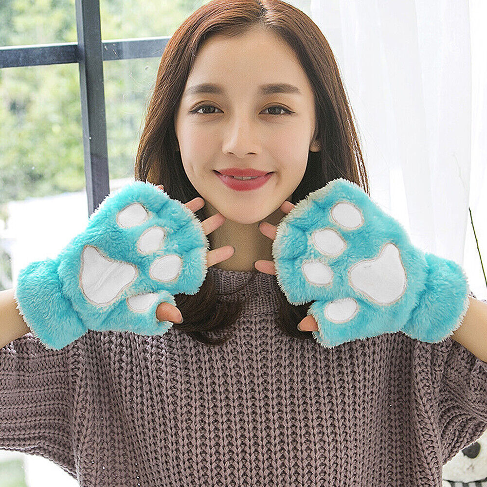 US Cat Claw Bear Paw Gloves Women Warm Plush Faux Fur Cosplay Fingerless Mittens