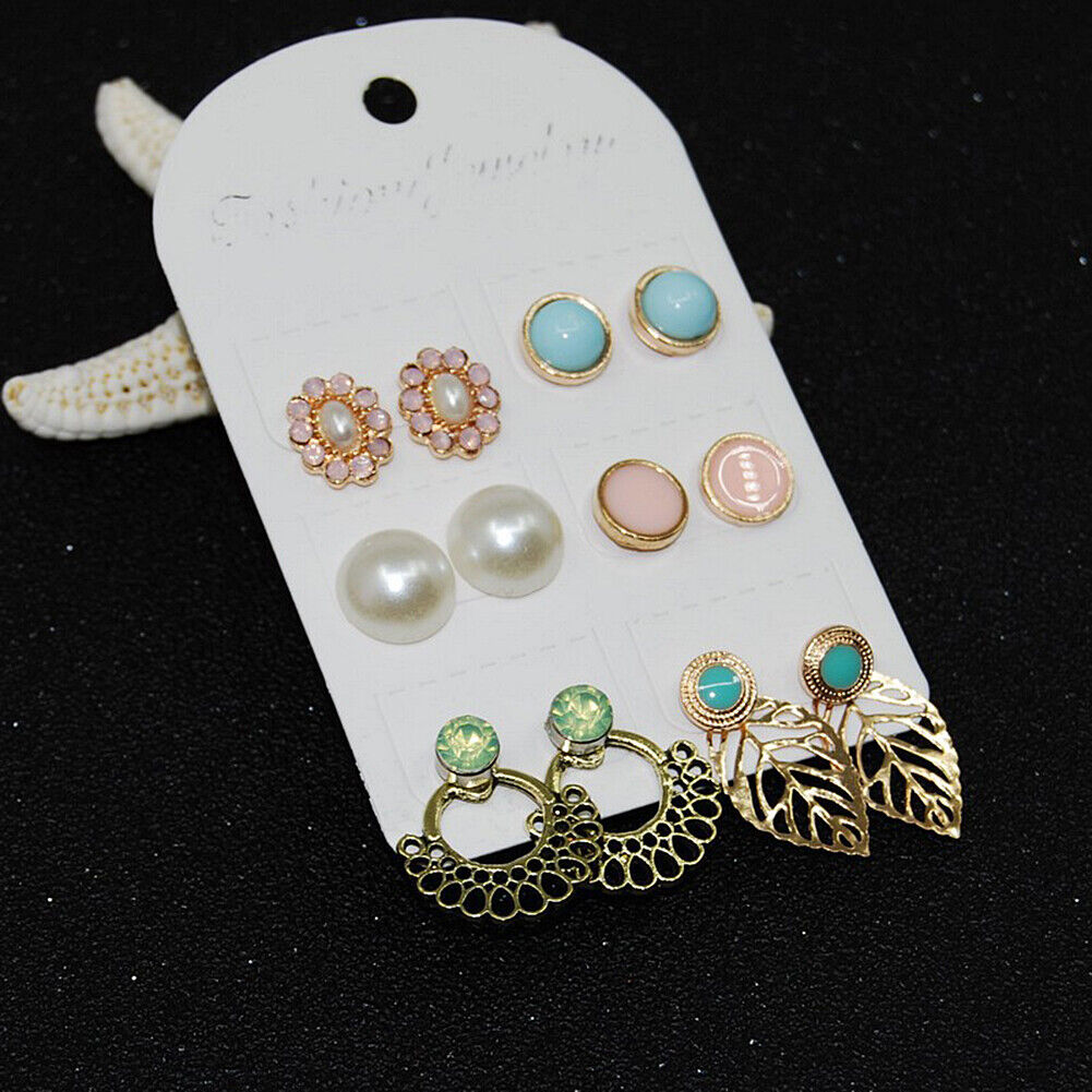 US Lot 4~12 Pairs Rhinestone Crystal Pearl Earrings Set Women Ear Stud Jewelry