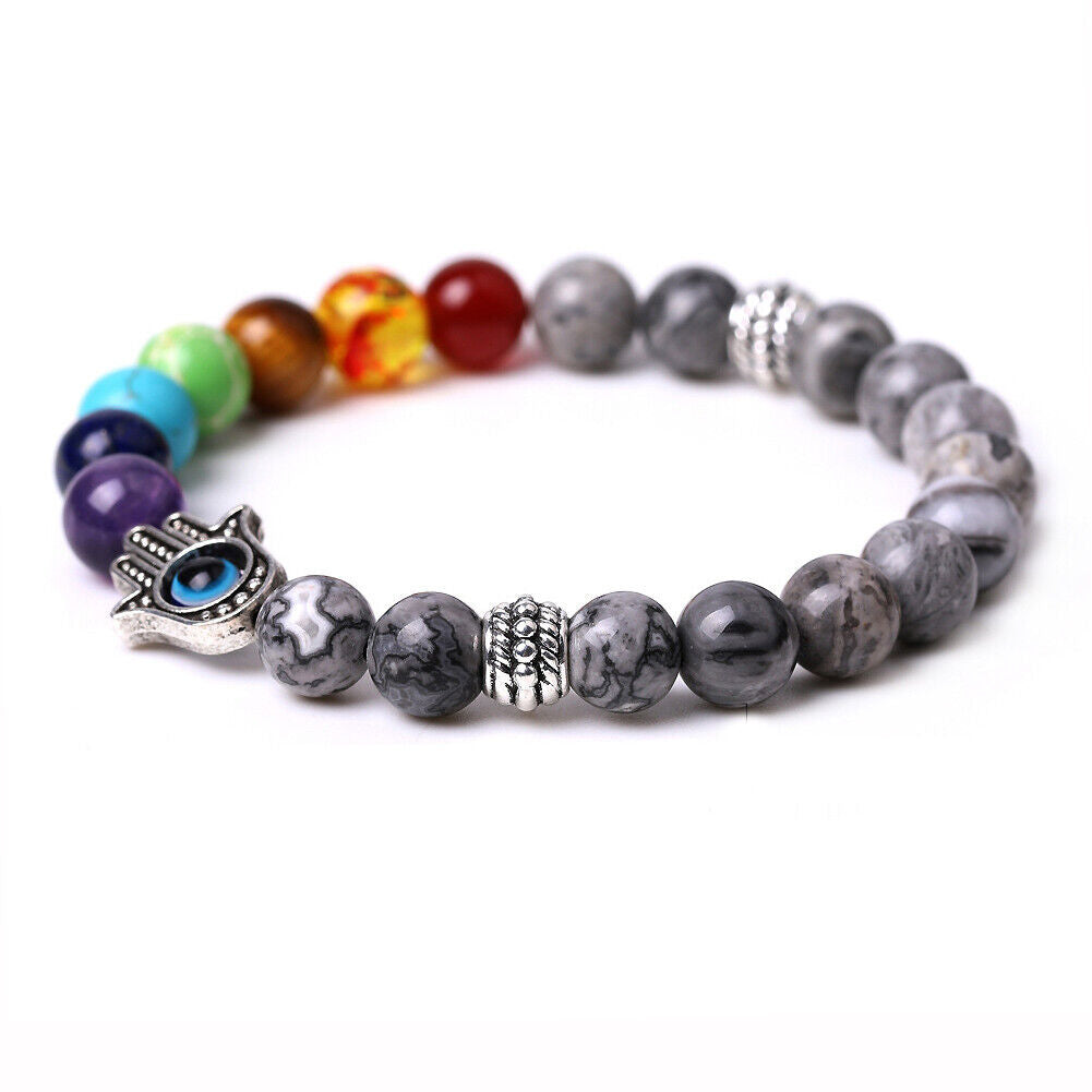 US 1-2Pcs Hamsa Hand Fatima 7-Chakra Lava Agate Beads Bracelet Reiki Energy Yoga