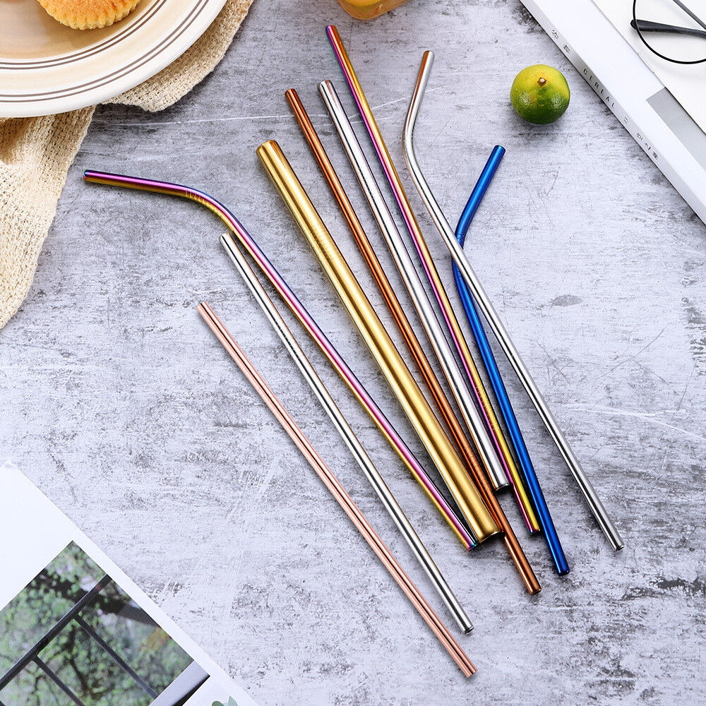 US 8pcs 10.5" Stainless Steel Ultra Long Metal Cocktail Straw + 2 Cleaner Brush