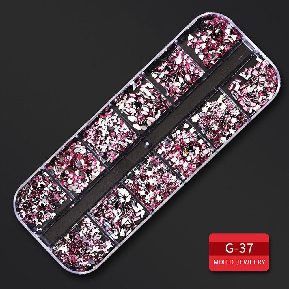 US 12 Grids Nail Glitter Flakes Sequins Rhinestones Pearl Nail Art Decorations