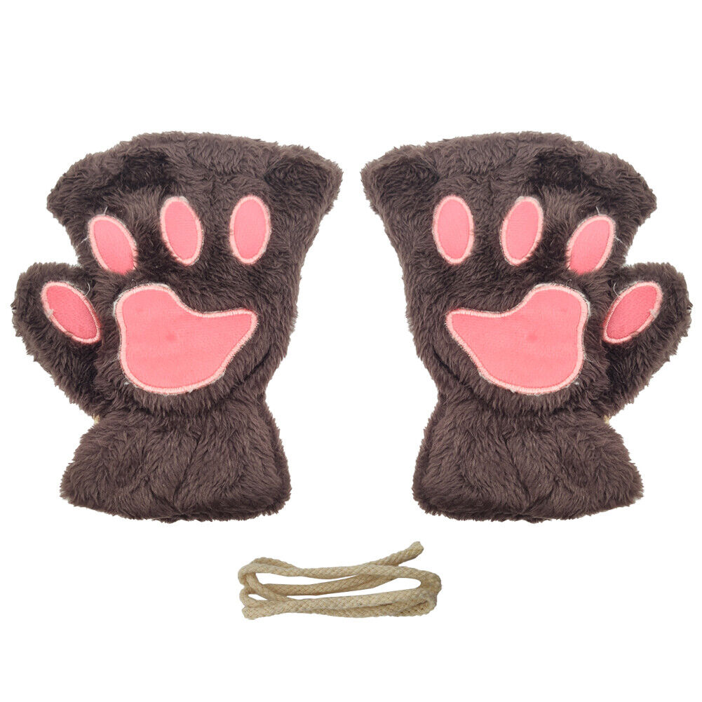 US Cat Claw Bear Paw Gloves Women Warm Plush Faux Fur Cosplay Fingerless Mittens