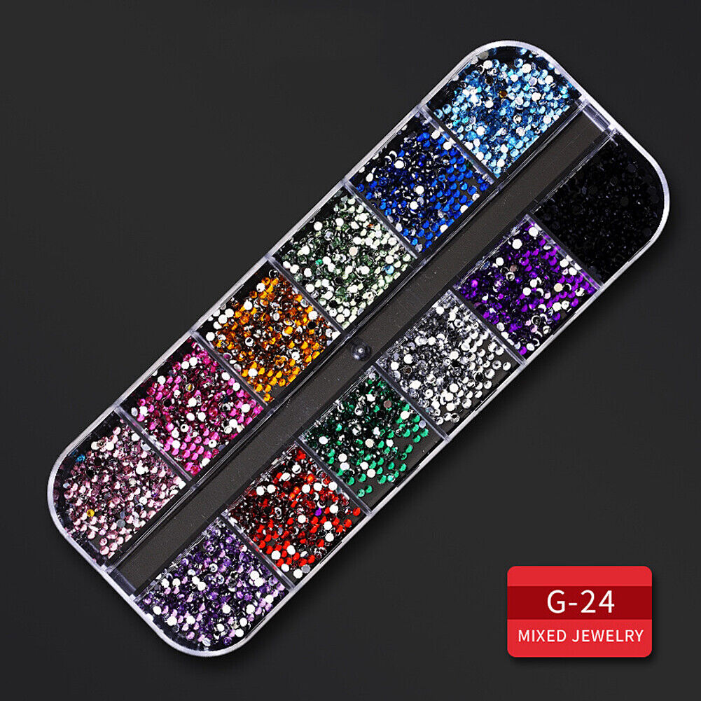 US 12 Grids Nail Glitter Flakes Sequins Rhinestones Pearl Nail Art Decorations