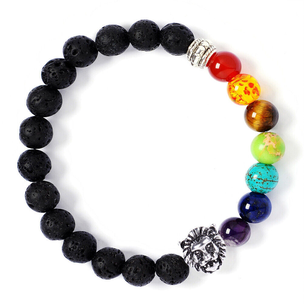 US 7-Chakra Healing Buddha Lion Drum Beads Lava Stone Reiki Meditation Bracelet