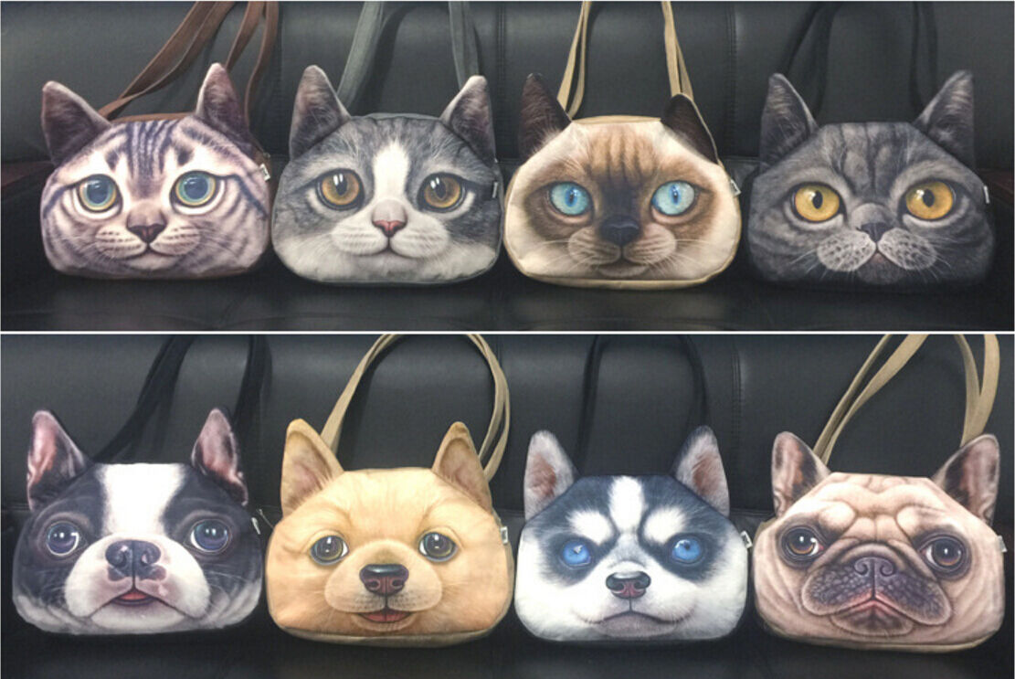 3D Cute Cat Dog Face Shoulder Bag Cat Dog Animal Pattern Handbag Shopping Purse