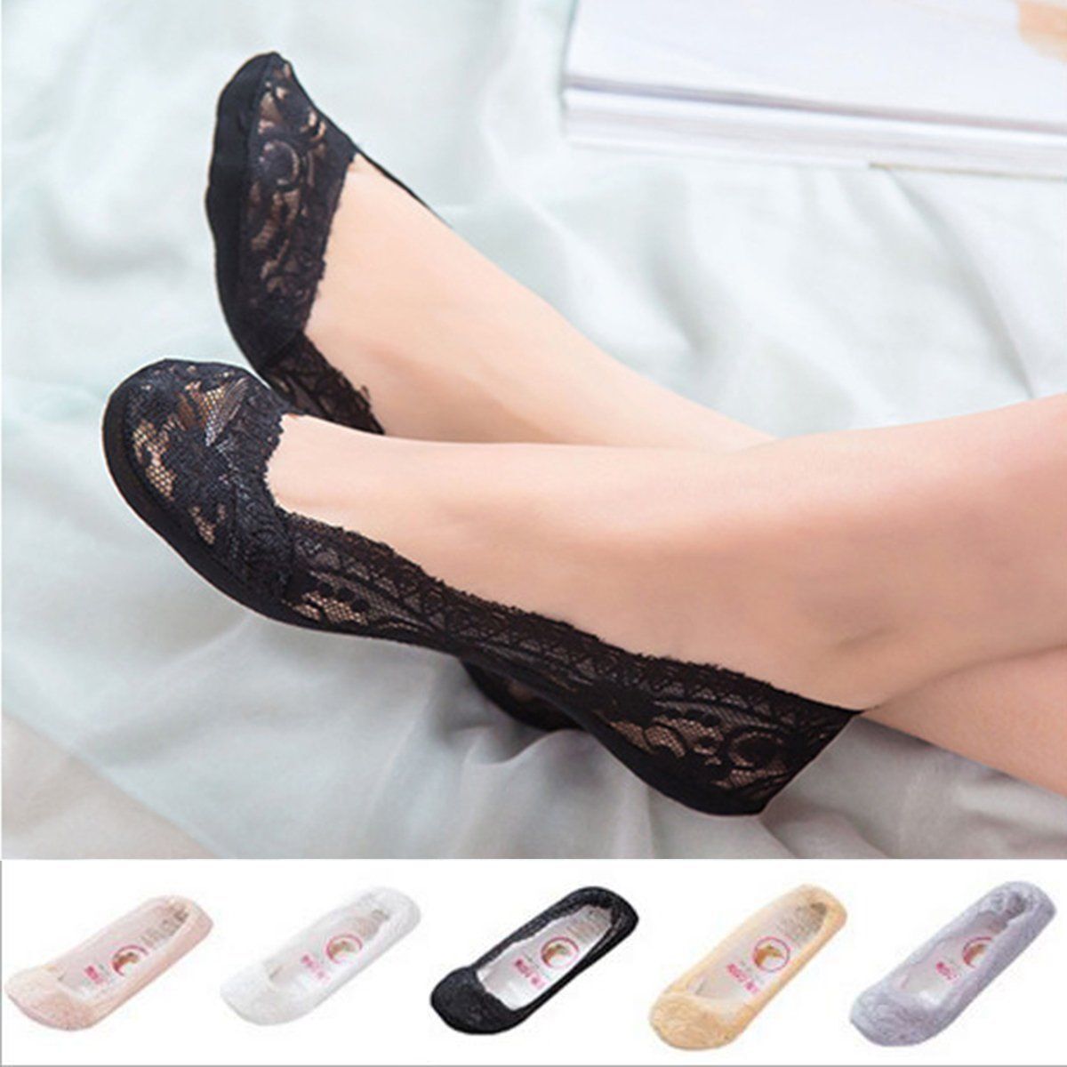 5 Pack Low Cut Lace Liner Boat Socks Ballet Plain Footies w/ Anti-slippery pads