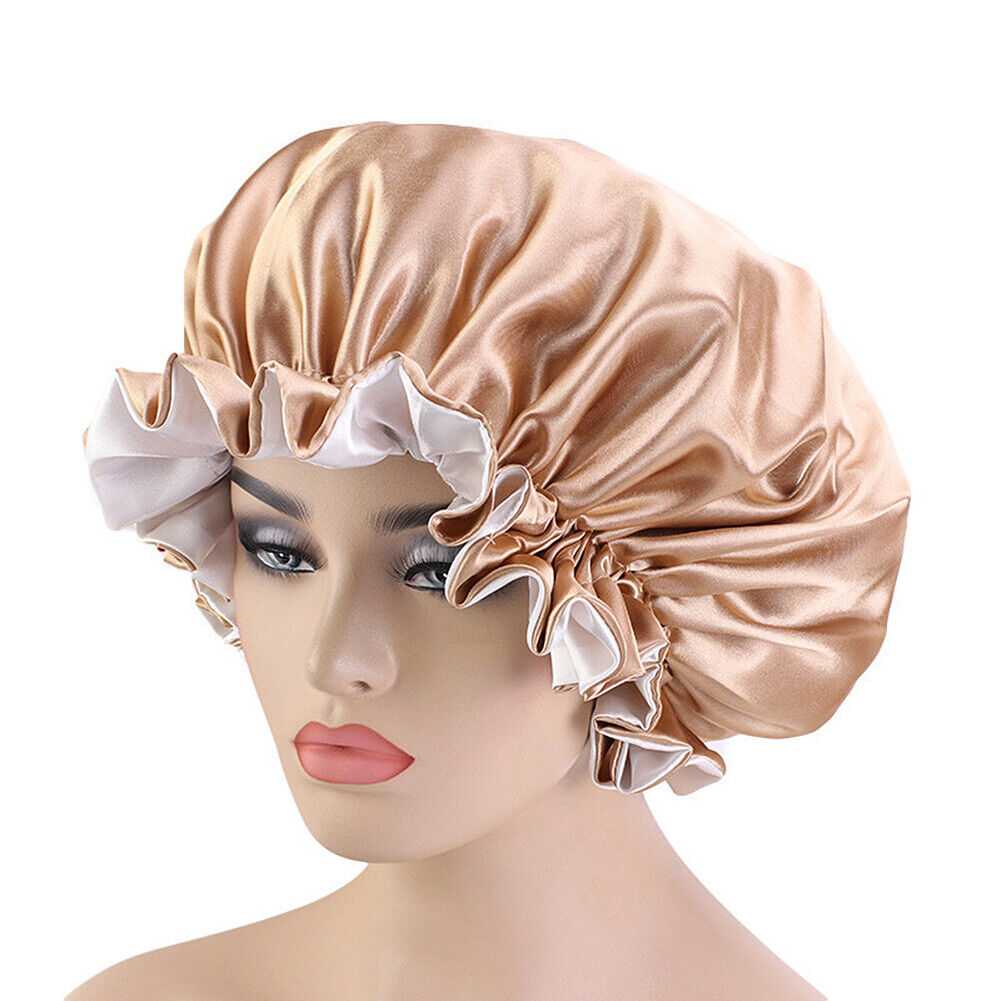 US Double-sided Satin Night Sleep Cap Hair Bonnet Hat Head Cover w/ Elastic Band