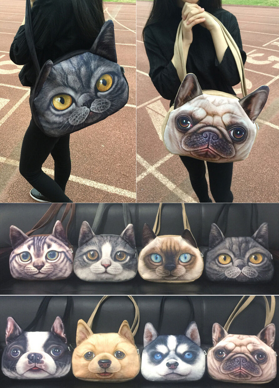 3D Cute Cat Dog Face Shoulder Bag Cat Dog Animal Pattern Handbag Shopping Purse