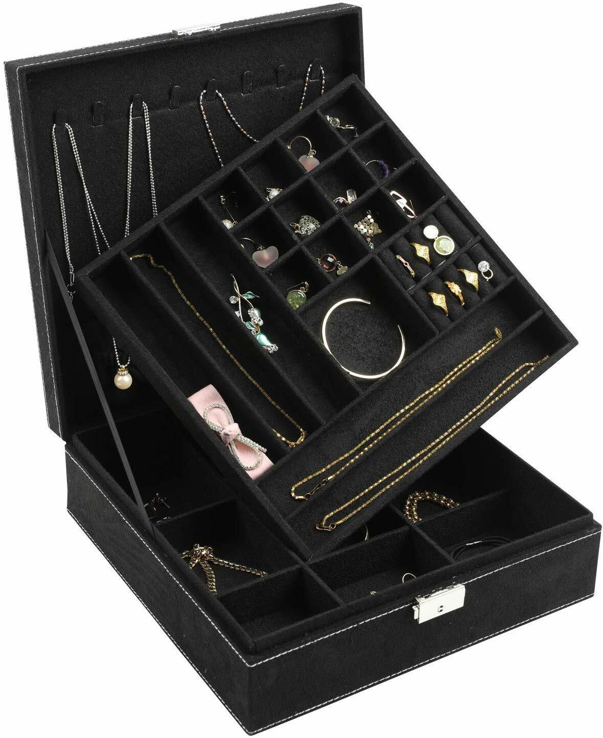 US Two-Layer Lint Large Jewelry Box Organizer Display Storage case with Lock
