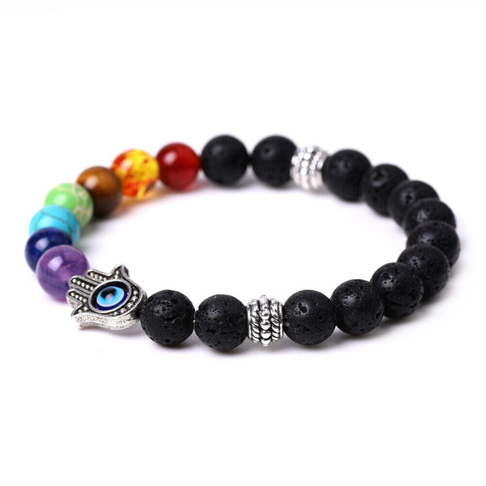 US 1-2Pcs Hamsa Hand Fatima 7-Chakra Lava Agate Beads Bracelet Reiki Energy Yoga