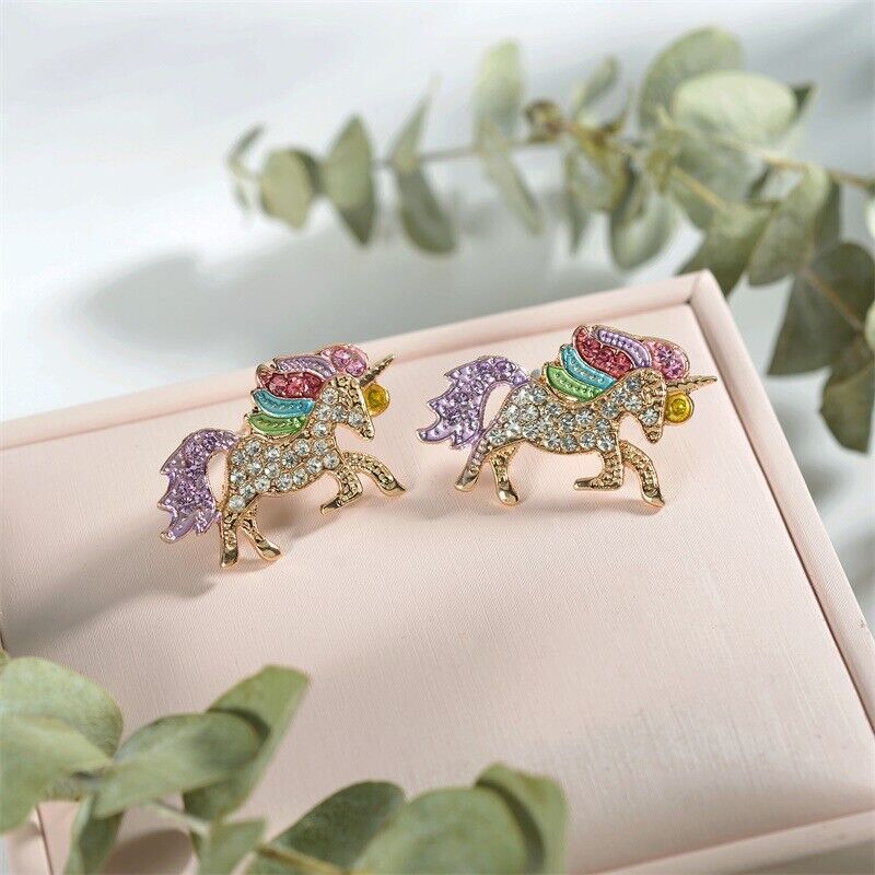 US Unicorn Jewelry Rainbow Rhinestone Crystal Necklace/ Bracelet/ Earring/ Ring