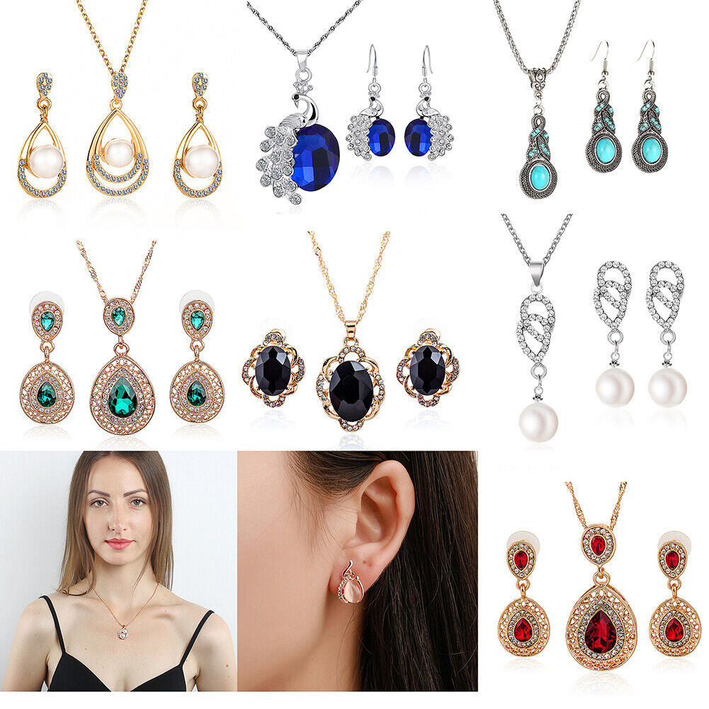 US 2 Pcs Pearl Rhinestone Crystal Peacock Themed Necklace + Earrings Jewelry Set