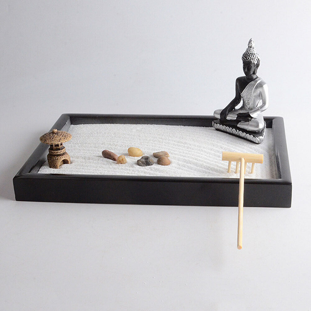 US Tabletop Mini Meditation Zen Garden w/ Pavilion statue Rock Venues Rake Sand