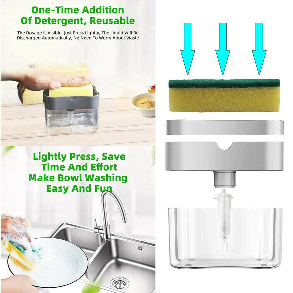 US 2-4 Pack 2-in-1 Liquid Soap Pump Press Dispenser Sponge Holder Rack w/ Sponge